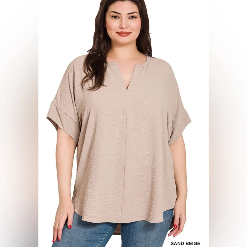 New!Plus Size Zenana Woven airflow split neck short sleeve top Size 1X 2X 3X